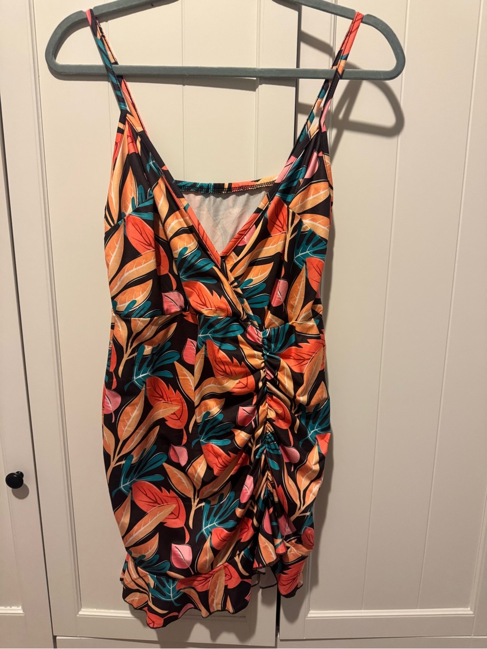 Tropical Ruched Floral Mini Dress - Black, Orange & Teal